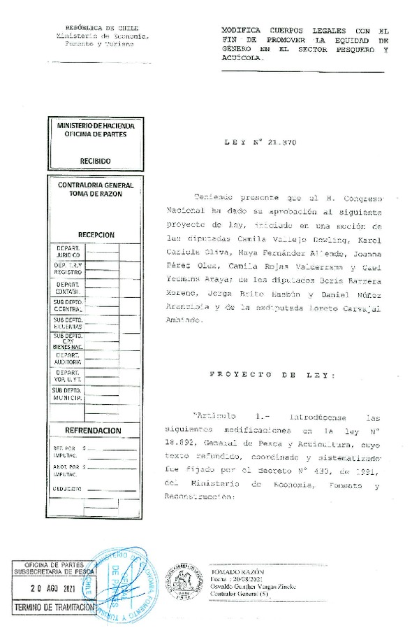 Ley N° 21.370 Modifica Cuerpos Legales con el Fin de Promover la Equidad  de Género en el Sector Pesquero y Acuícola. (Publicado en Página Web 25-08-2021) (F.D.O. 25-08-2021)