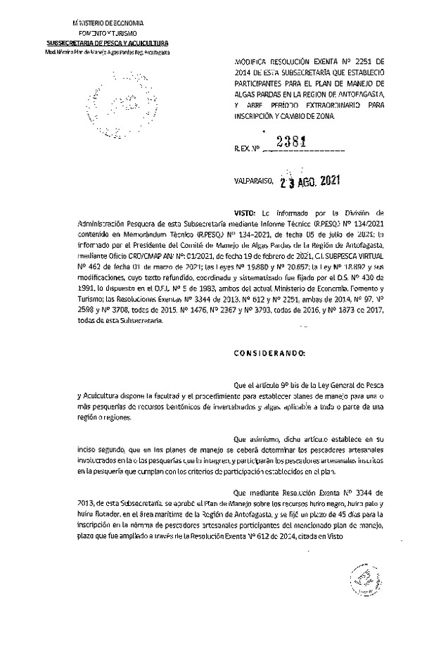 Res. Ex. N° 2381-2021 Modifica Res. Ex. N° 2251-2014 que Estableció Los Participantes para el Plan de Manejo de Algas Pardas en la Región Antofagasta. (Publicado en Página Web 25-08-2021)