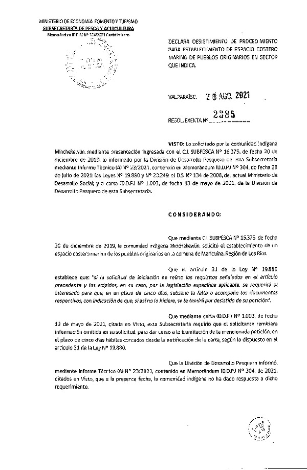 Res. Ex. N° 2385-2021 Declara desistimiento de procedimiento para establecimiento de ECMPO que indica. (Publicado en Página Web 25-08-2021)