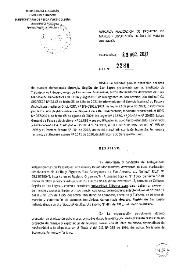 Res. Ex. N° 2386-2021 Autoriza Proyecto de Manejo. (Publicado en Página Web 25-08-2021)