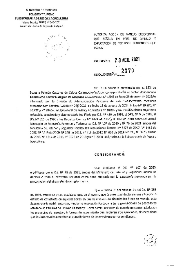 Res. Ex. N° 2379-2021 Autoriza acción de manejo excepcional que señala. (Publicado en Página Web 25-08-2021)