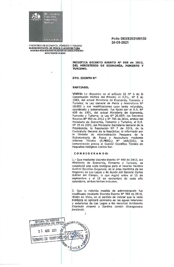 Dec. Ex. Folio N°202100150 Modifica Dec. Ex. N° 950-2012 Veda Biológica Recursos Sardina Austral, Anchoveta y Sardina Común, Regiones de Los Lagos y Aysén. (Publicado en Página Web 25-08-2021)