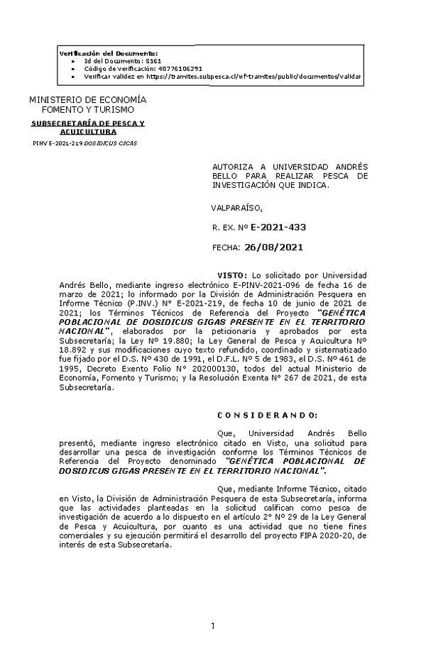 R. EX. Nº E-2021-433 GENÉTICA POBLACIONAL DE DOSIDICUS GIGAS PRESENTE EN EL TERRITORIO NACIONAL. (Publicado en Página Web 26-08-2021)