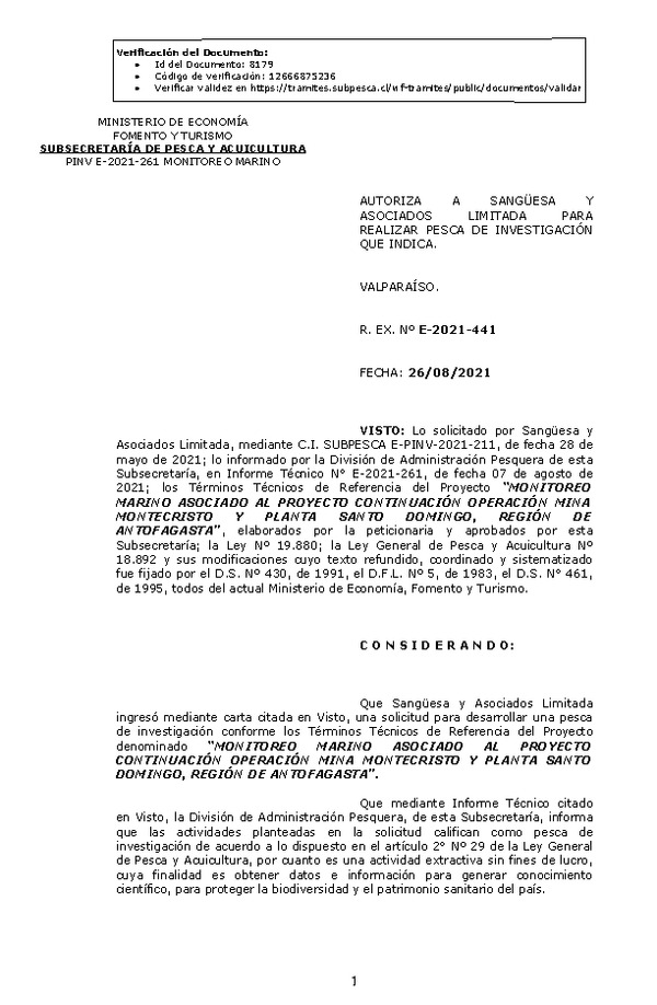 R. EX. Nº E-2021-441 MONITOREO MARINO ASOCIADO AL PROYECTO CONTINUACIÓN OPERACIÓN MINA MONTECRISTO Y PLANTA SANTO DOMINGO, REGIÓN DE ANTOFAGASTA. (Publicado en Página Web 26-08-2021)