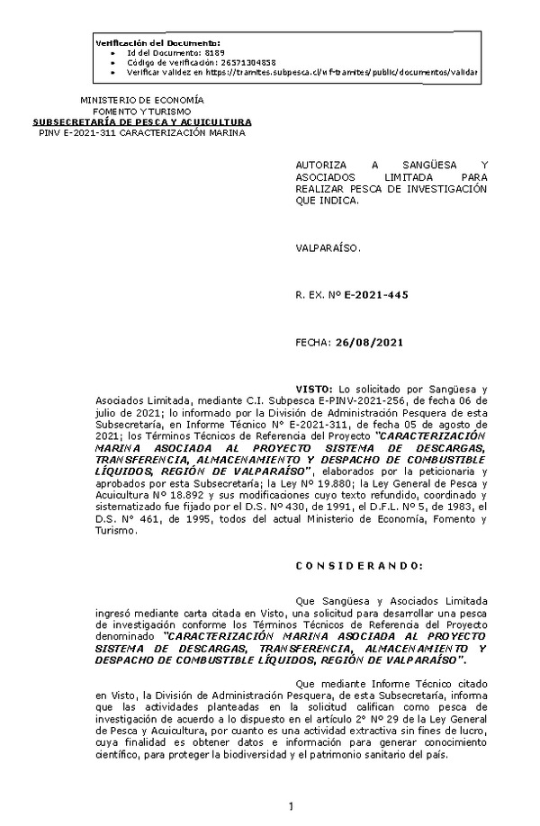 R. EX. Nº E-2021-445 CARACTERIZACIÓN MARINA ASOCIADA AL PROYECTO SISTEMA DE DESCARGAS, TRANSFERENCIA, ALMACENAMIENTO Y DESPACHO DE COMBUSTIBLE LÍQUIDOS, REGIÓN DE VALPARAÍSO. (Publicado en Página Web 26-08-2021)