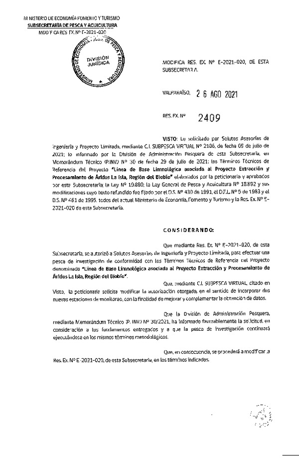 Res. Ex. N° 2409-2021 Modifica R. EX. Nº E-2021-020 Línea Base Limnológica asociada al Proyecto Extracción y Procesamiento de Áridos La Isla, Región del Biobío. (Publicado en Página Web 27-08-2021)