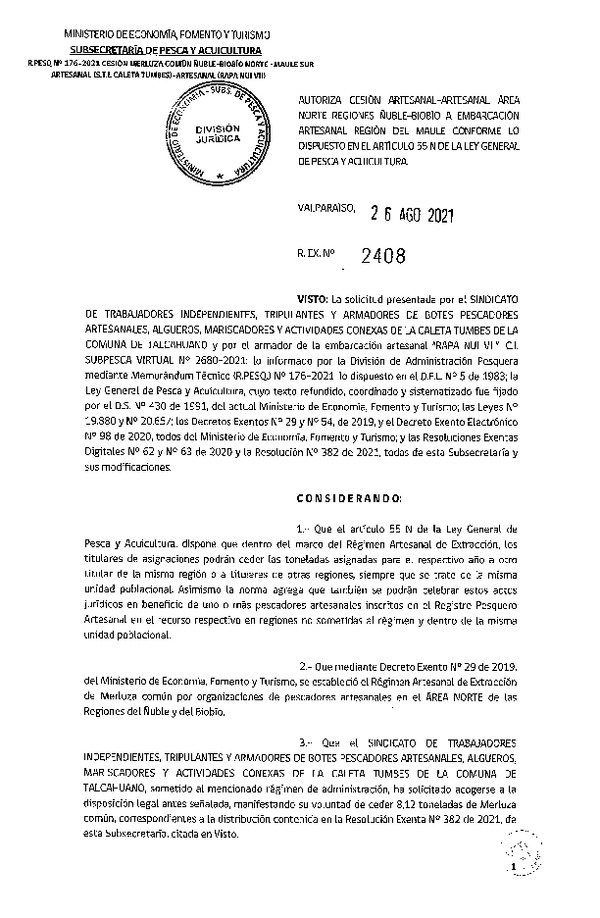 Res. Ex. N° 2408-2021 Autoriza cesión de Merluza Común Región de Ñuble- Biobío a Región del Maule (Publicado en Página Web 27-08-2021)