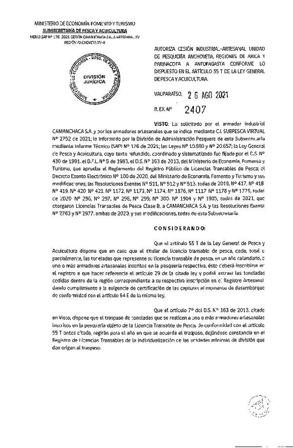 Res. Ex. N° 2407-2021 Autoriza Cesión Anchoveta, Regiones de Arica y Parinacota a Región de Antofagasta. (Publicado en Página Web 27-08-2021)