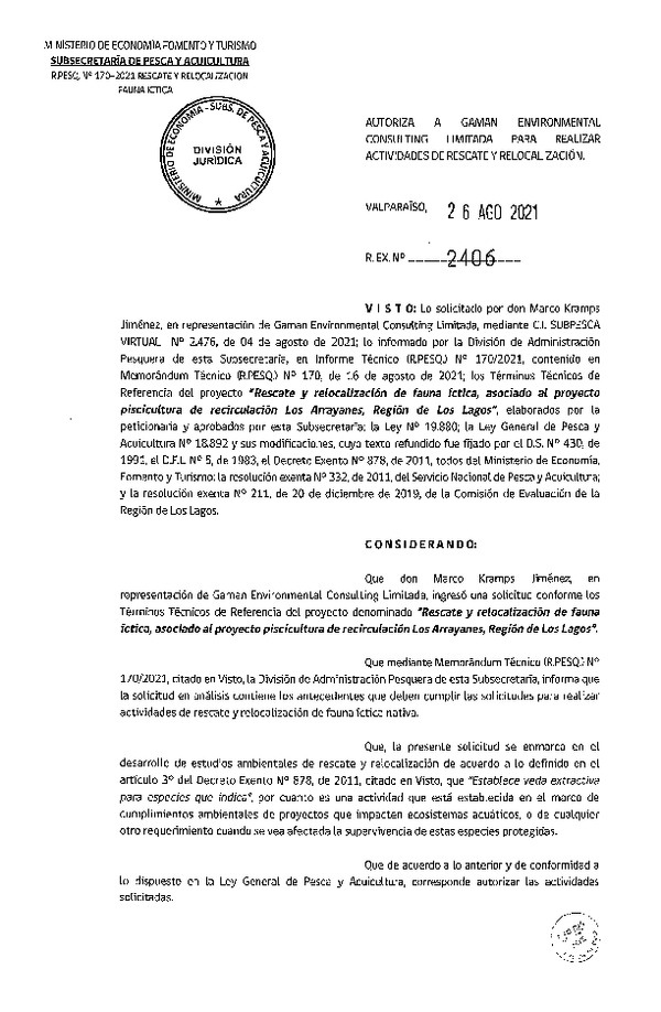 Res. Ex. N° 2406-2021 Rescate y Relocalización de Fauna Íctitca, Región de Los Lagos. (Publicado en Página Web 27-08-2021).