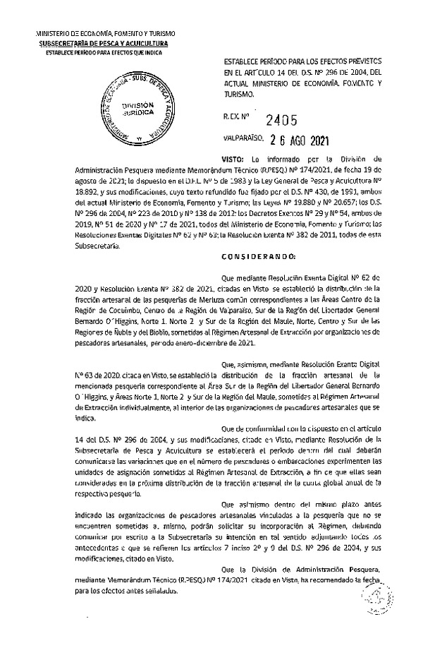 Res. Ex. N° 2405-2021 Establece Período para los Efectos Previstos en el Artículo 14 del D.S. N° 296 de 2004. (Publicado en Página Web 27-08-2021)