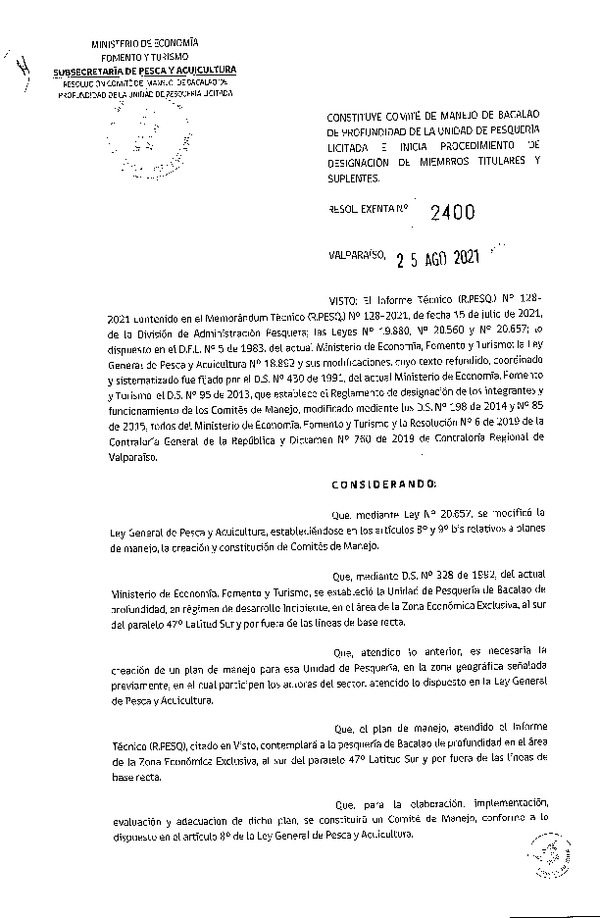 Res. Ex. N° 2400-2021 Constituye Comité de Manejo de Bacalao de Profundidad de la Unidad de Pesquería Licitada e Inicia Procedimiento de Designación de Miembros Titulares y Suplentes. (Publicado en Página Web 27-08-2021)