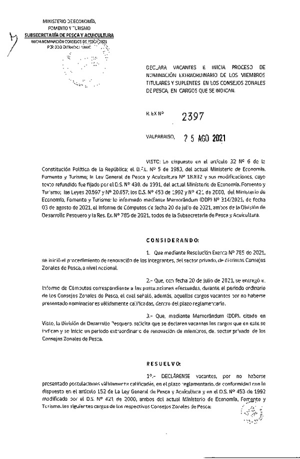 Res. Ex. N° 2397-2021 Declara Vacante e Inicia Proceso de Nominación Extraordinario de los Miembros Titulares y Suplentes en los Consejos Zonales de Pesca en Cargos que se Indican. (Publicado en Página Web 27-08-2021)