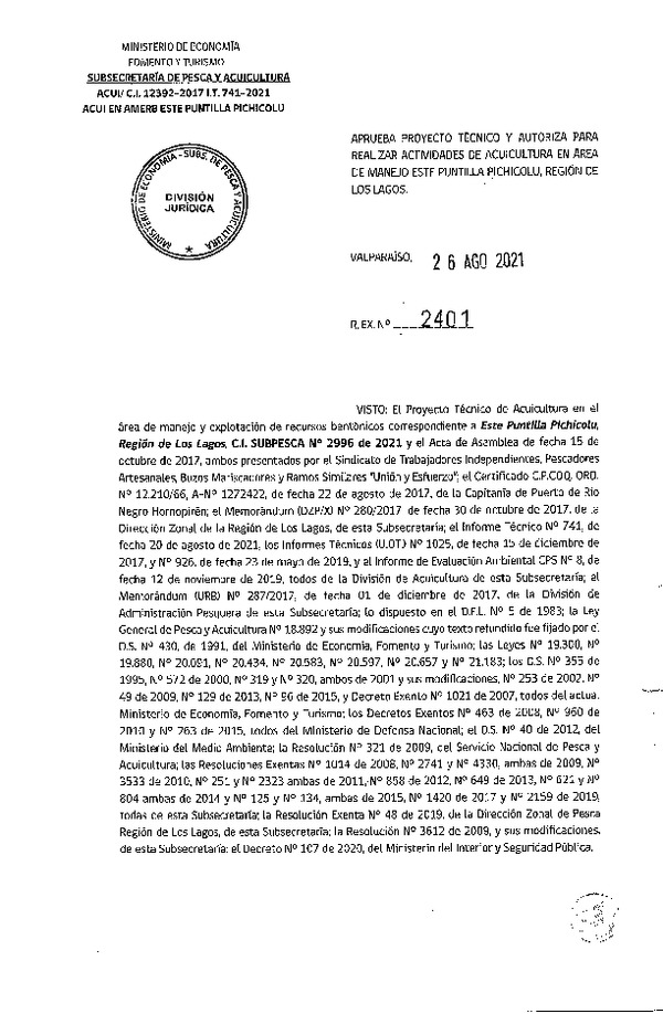 Res. Ex N° 2401-2021 Aprueba proyecto técnico y autoriza para realizar actividades de acuicultura en Área de manejo Este Puntilla Pichicolu, Región de Los Lagos. (Publicado en Página Web 27-08-2021)