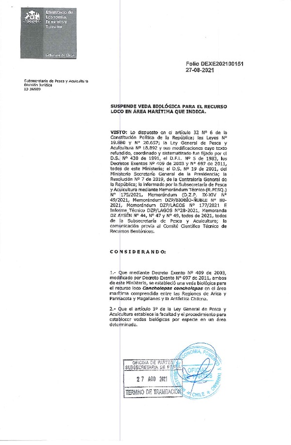 Dec. Ex. Folio N°202100151 Suspende Veda Biológica para el Recurso Loco, Entre las Regiones del Maule y de Aysén. (Publicado en Página Web 31-08-2021)