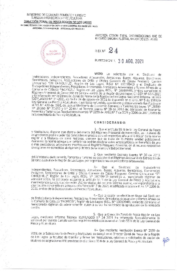 Res. Ex. 24-2021 (DZP Región de Los Lagos) Autoriza cesión sardina austral Región de Los Lagos. (Publicado en Página Web 31-08-2021)