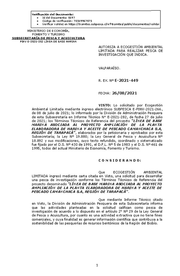 R. EX. Nº E-2021-449 LÍNEA DE BASE MARINA ASOCIADA AL PROYECTO AMPLIACIÓN DE LA PLANTA ELABORADORA DE HARINA Y ACEITE DE PESCADO CAMANCHACA S.A, REGIÓN DE TARAPACÁ. (Publicado en Página Web 31-08-2021)