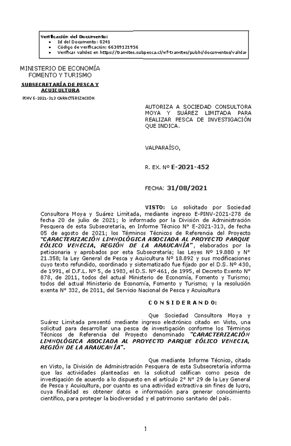 R. EX. Nº E-2021-452 CARACTERIZACIÓN LIMNOLÓGICA ASOCIADA AL PROYECTO PARQUE EÓLICO VENECIA, REGIÓN DE LA ARAUCANÍA. (Publicado en Página Web 31-08-2021)