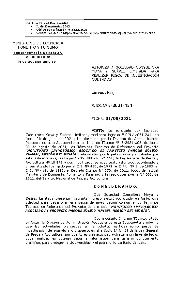 R. EX. Nº E-2021-454 MONITOREO LIMNOLÓGICO ASOCIADO AL PROYECTO PARQUE EÓLICO YUMBEL, REGIÓN DEL BIOBÍO. (Publicado en Página Web 31-08-2021)