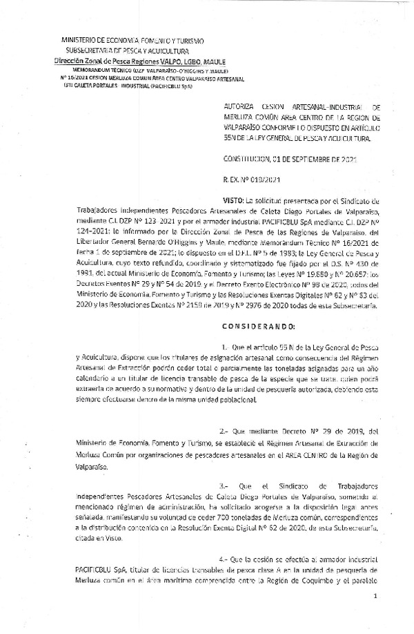 Res. Ex. N° 019-2021 (DZP Regiones Valparaíso, O'Higgins y del Maule) Autoriza cesión Merluza común, Región de Valparaíso. (Publicado en Página Web 02-09-2021)