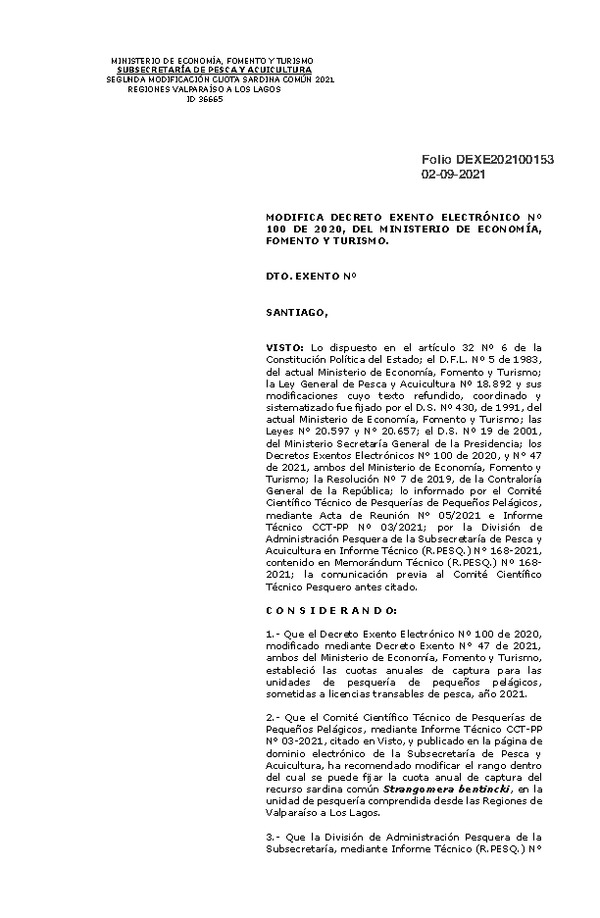 Dec. Ex. Folio 202100153 Modifica Decreto Excento Electrónico N°100 de 2020, del Ministerio de Economía, Fomento y Turismo. (Publicado en Página Web 02-09-2021)