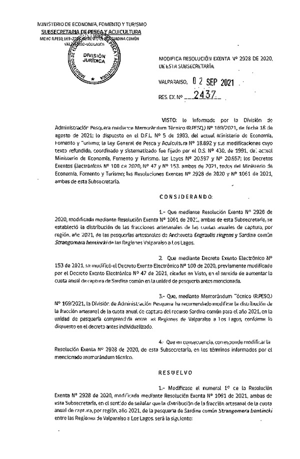 Res. Ex. N° 2437-2021 Modifica Resolución Exenta N°2928 de 2020, de esta Subsecretaría. (Publicado en Página Web 02-09-2021)