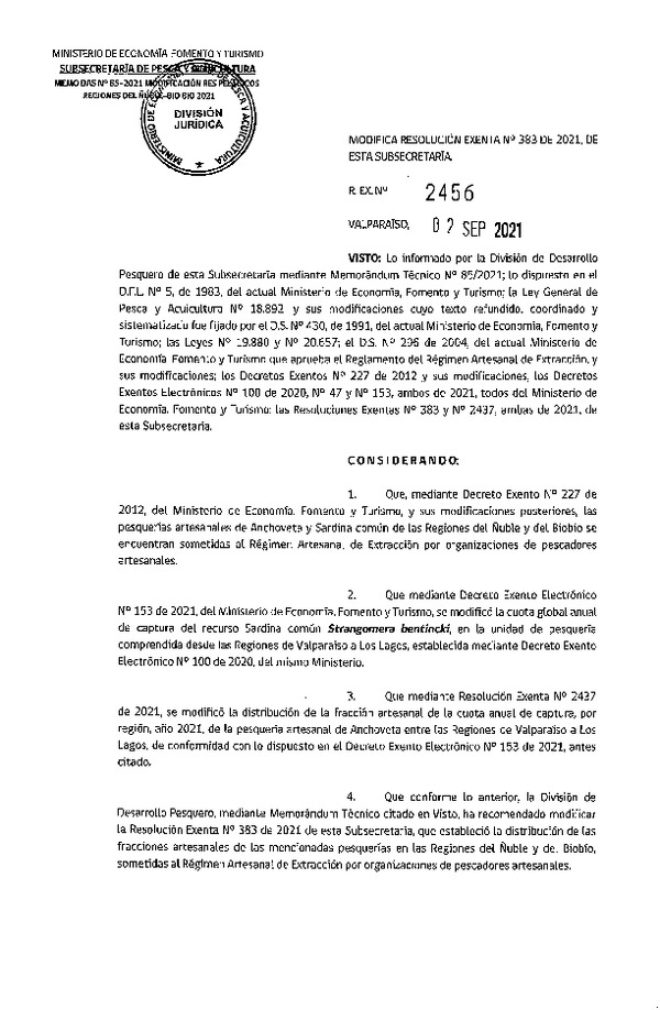 Res. Ex. N° 2456-2021 Modifica Resolución Exenta N°383 de 2021, de esta Subsecretaría. (Publicado en Página Web 02-09-2021)