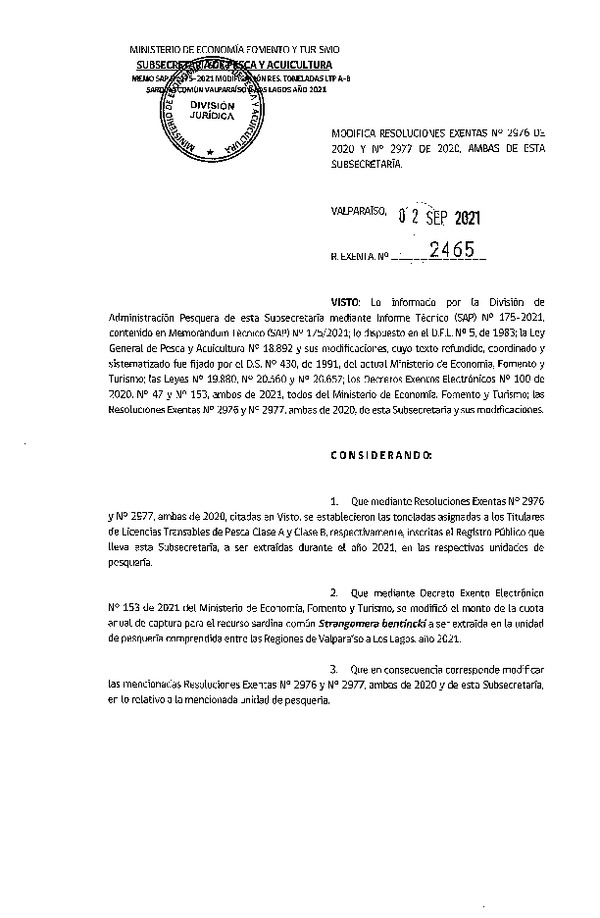 Res. Ex. N° 2465-2021 Modifica Resoluciones Exentas N°2976 de 2020 y N°2977 de 2020, ambas de esta Subsecretaría. (Publicado en Página Web 02-09-2021)