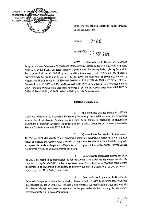 Res. Ex. N° 2466-2021 Modifica Resolución Exenta N°70 de 2021, de esta Subsecretaría. (Publicado en Página Web 02-09-2021)