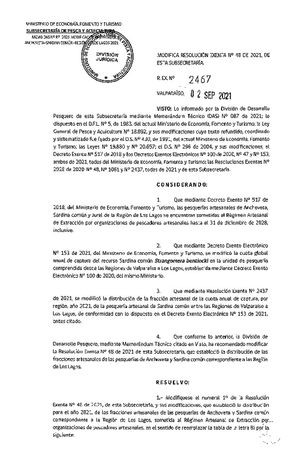 Res. Ex. N° 2467-2021 Modifica Resolución Exenta N°48 de 2021, de esta Subsecretaría. (Publicado en Página Web 02-09-2021)