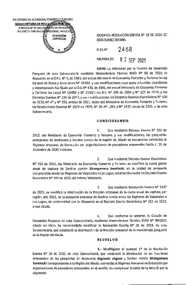 Res. Ex. N° 2468-2021 Modifica Resolución Exenta N°26 de 2021, de esta Subsecretaría. (Publicado en Página Web 02-09-2021)