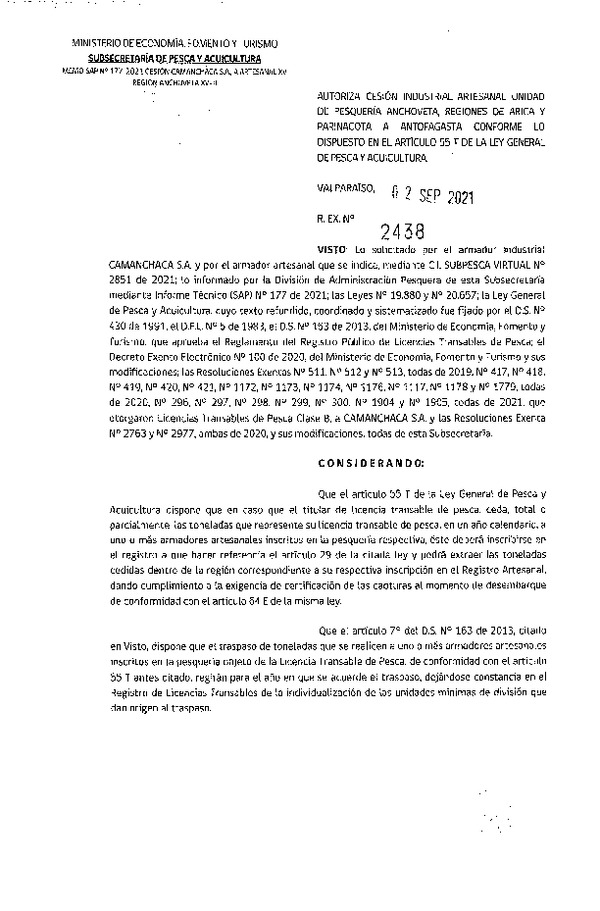 Res. Ex. N° 2438-2021 Autoriza Cesión Industrial-Artesanal Unidad de pesquería Anchoveta, Regiones de Arica y Parinacota a Región de Antofagasta. (Publicado en Página Web 03-09-2021)