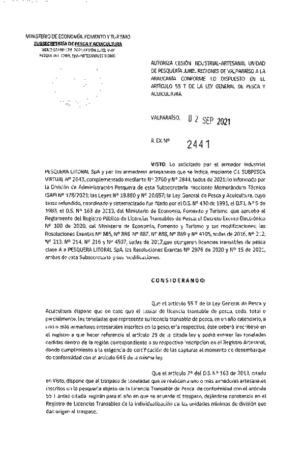 Res. Ex. N° 2441-2021 Autoriza Cesión Industrial-Artesanal Unidad de pesquería Jurel, regiones de Valparaíso a la Araucanía. (Publicado en Página Web 03-09-2021)