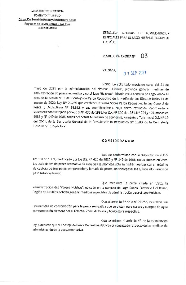 Res. Ex. N° 03-2021 (DZP La Araucanía y Los Ríos) Establece Medidas de Administración Especiales para el Lago Huishue, Región de Los Ríos. (Publicado en Página Web 06-09-2021)