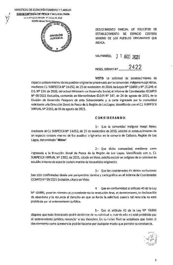 Res. Ex. N° 2422-2021 Desistimiento parcial de solicitud de establecimiento de ECMPO que indica. (Publicado en Página Web 06-09-2021)