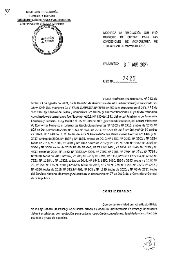 Res. eX. N° 2425-2021 Modifica Res. Ex. N° 1849-2021 Fija densidad de cultivo para las concesiones de acuicultura de Titularidad de Mowi Chile S.A.(Con Informe Técnico) (Publicado en Página Web 06-09-2021)