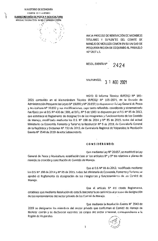 Res. Ex. N° 2424-2021 Inicia Proceso de Renovación de Miembros Titulares y Suplentes del Comité de Manejo de Merluza común en su Unidad de Pesquería Región de Coquimbo al Paralelo 41°28,6' L.S. (Publicado en Página Web 11-06-2018) (F.D.O. 06-09-2021)