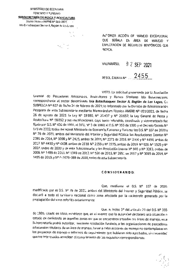 Res. Ex. N° 2455-2021 Autoriza acción de manejo excepcional que indica. (Publicado en Página Web 06-09-2021)