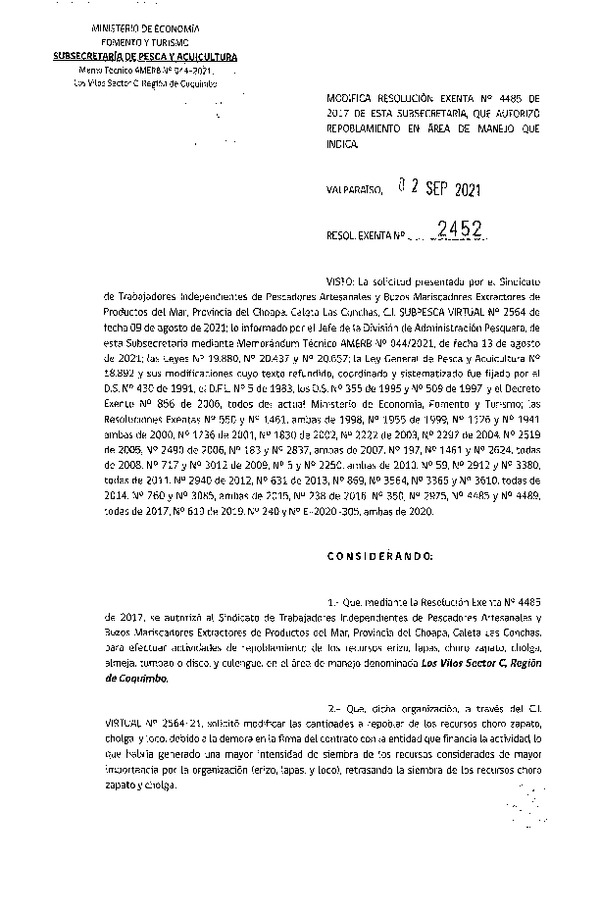 Res. Ex. N° 2452-2021 Modifica Res. Ex. N° 4485-2017. (Publicado en Página Web 06-09-2021)