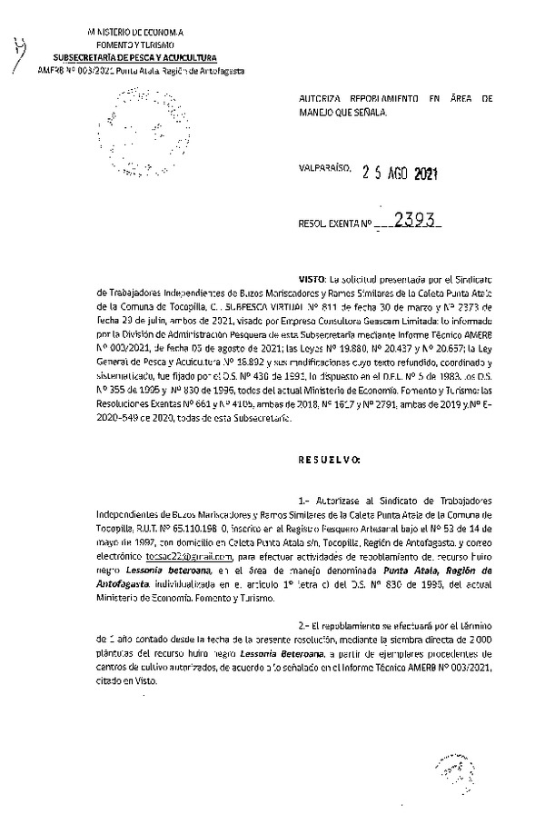 Res. Ex. N° 2393-2021 Autoriza repoblamiento.