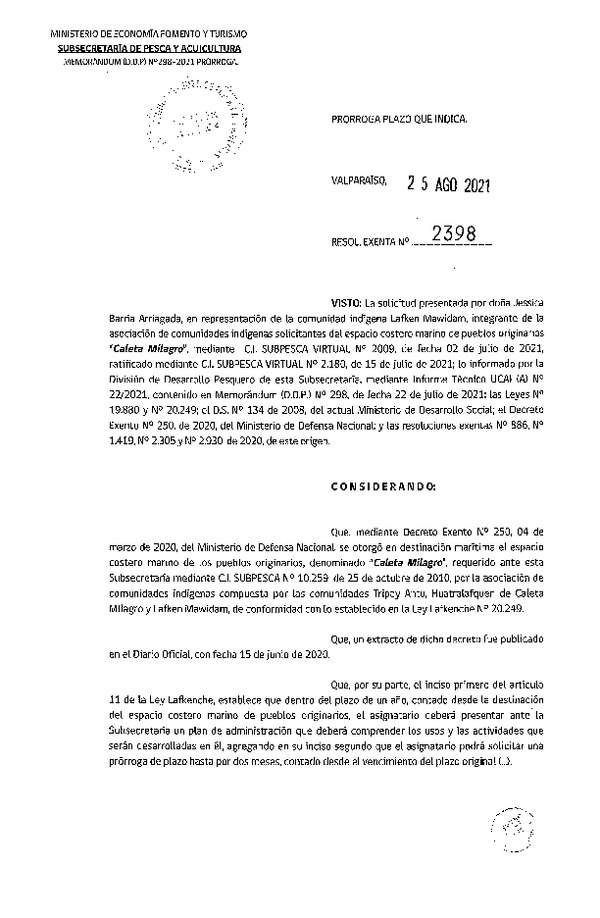 Res. Ex. N° 2398-2021 Prorroga plazo que indica. (Publicado en Página Web 30-08-2021)