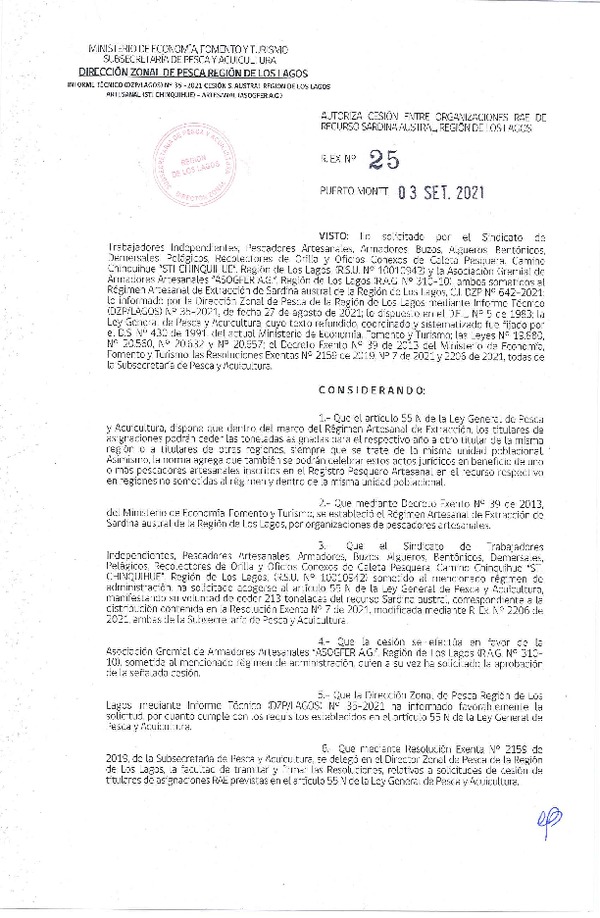 Res. Ex. 25-2021 (DZP Región de Los Lagos) Autoriza cesión sardina austral Región de Los Lagos. (Publicado en Página Web 06-09-2021)