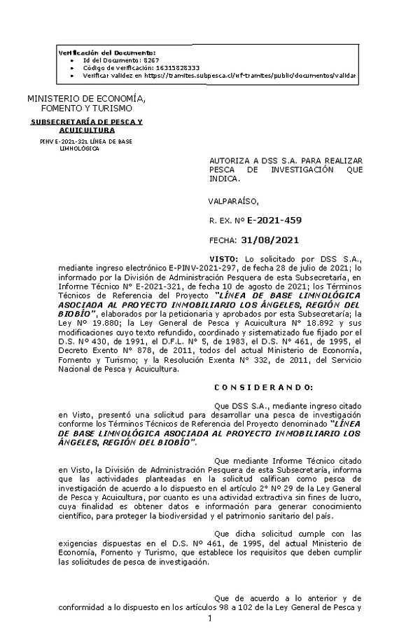 R. EX. Nº E-2021-459 LÍNEA DE BASE LIMNOLÓGICA ASOCIADA AL PROYECTO INMOBILIARIO LOS ÁNGELES, REGIÓN DEL BIOBÍO. (Publicado en Página Web 06-09-2021)