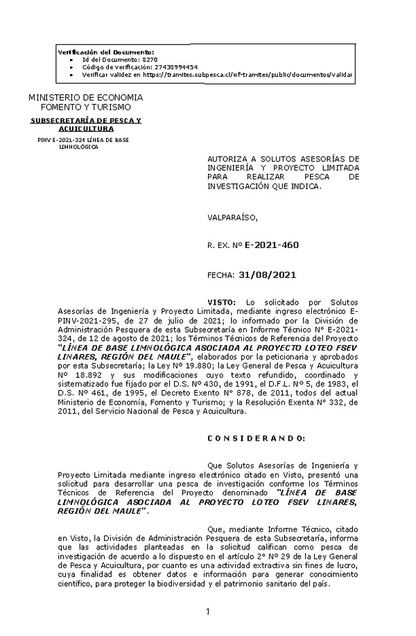 R. EX. Nº E-2021-460 LÍNEA DE BASE LIMNOLÓGICA ASOCIADA AL PROYECTO LOTEO FSEV LINARES, REGIÓN DEL MAULE. (Publicado en Página Web 06-09-2021)