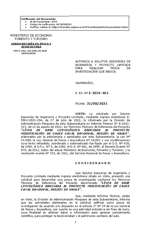 R. EX. Nº E-2021-461 LÍNEA DE BASE LIMNOLÓGICA ASOCIADA AL PROYECTO MODIFICACIÓN DE CAUCE CANAL SANDOVAL, REGIÓN DE MAULE. (Publicado en Página Web 06-09-2021)