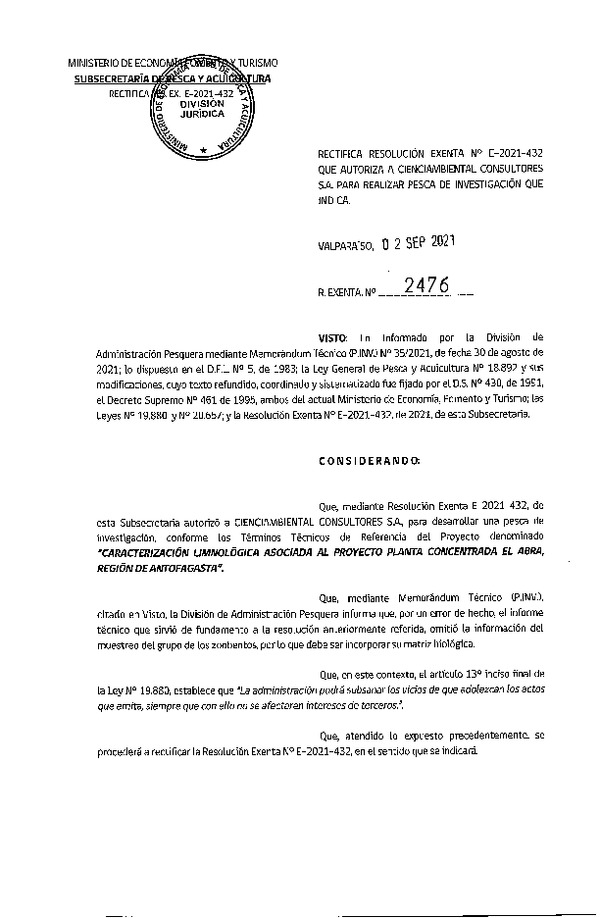 Res. Ex. N° 2476-2021 Rectifica R. EX. Nº E-2021-432 CARACTERIZACIÓN LIMNOLÓGICA ASOCIADA AL PROYECTO PLANTA CONCENTRADORA EL ABRA, REGIÓN DE ANTOFAGASTA. (Publicado en Página Web 26-08-2021). (Publicado en Página Web 06-09-2021)