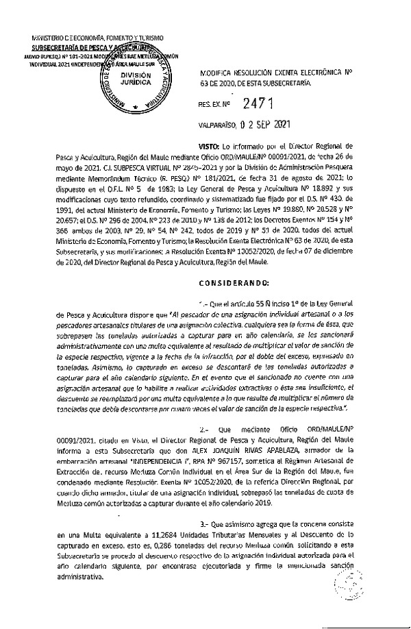 Res. Ex. N° 2471-2021 Modifica Res. Ex. DIG N° 63-2020 Distribución de la Fracción Artesanal de Pesquería de Merluza común Individual, Área Sur de la Región del Libertador General Bernardo O’Higgins, y Áreas Norte 1, Norte 2 y Sur de la Región del Maule. (Publicado en Página Web 06-09-2021)