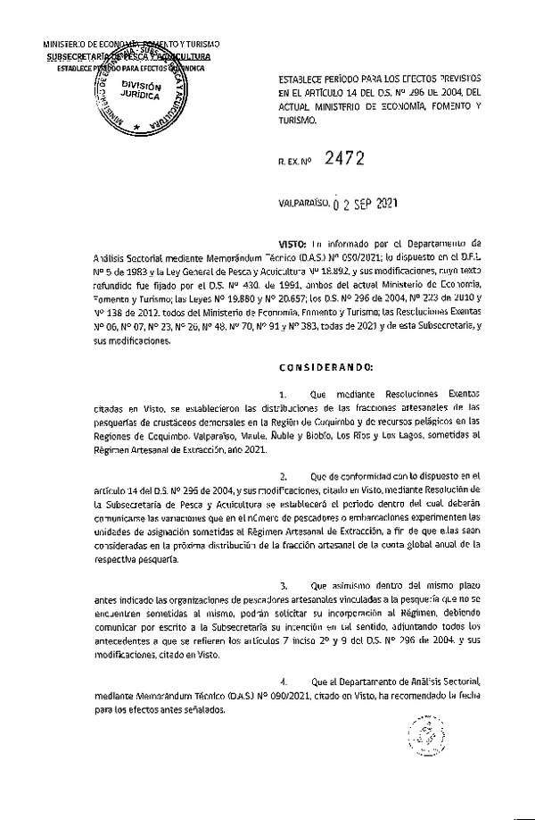 Res. Ex. N° 2472-2021 Establece Período para los Efectos Previstos en el Artículo 14 del D.S. N° 296 de 2004. (Publicado en Página Web 06-09-2021)