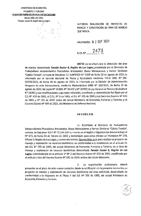 Res. Ex. N° 2473-2021 Autoriza proyecto de manejo. (Publicado en Página Web 07-09-2021)