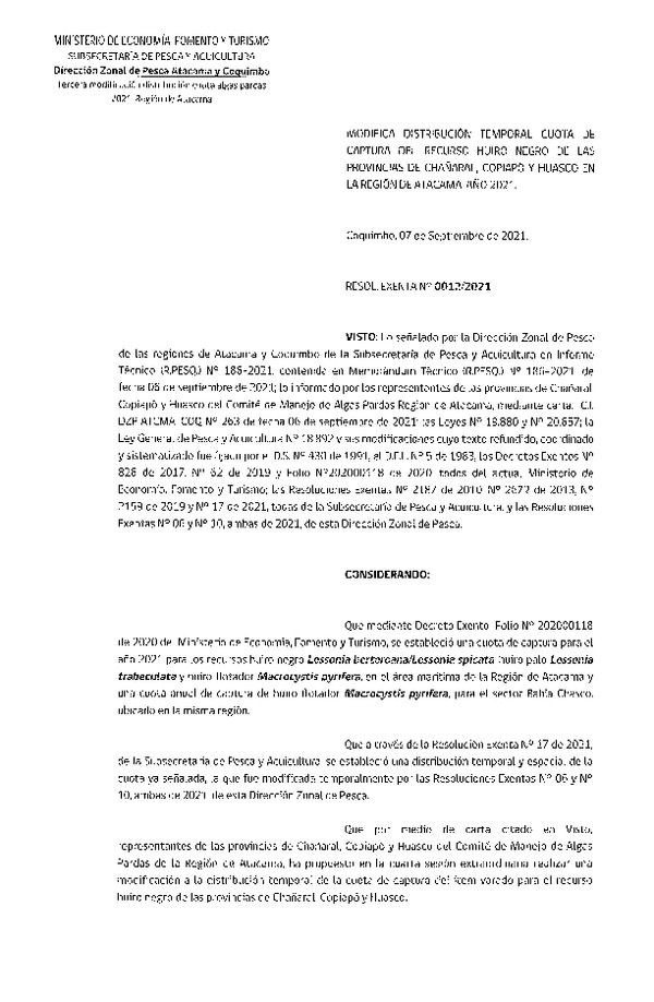 Res. Ex. N° 0012-2021 (DZP Atacama y Coquimbo) Modifica Res. Ex N° 17-2021 Establece distribución cuota de los recursos Huiro Negro, Huiro Palo y Huiro Flotador en la Región de Atacama, año 2021 (Publicado en Página Web 07-09-2021)