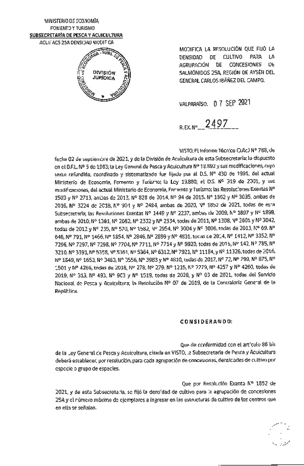 Res. Ex. N° 2497-2021 Modifica Res. Ex. N° 1852-2021 Fija densidad de cultivo para las agrupación de concesiones de salmónidos 25A en la Región de Aysén.(Con Informe Técnico) (Publicado en Página Web 08-09-2021)